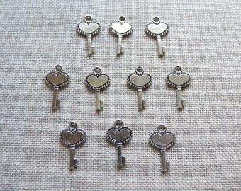 Key To My Heart Charms x 10.  Key Charms. Tibetan Silver Tone. UK Seller