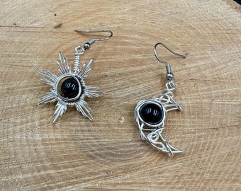 Moon and Star Earrings with Genuine Onyx
