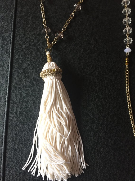 Items similar to Long boho style white tassel necklace with Czech ...