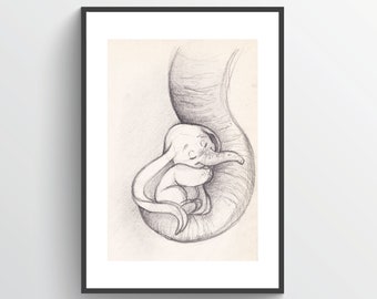 Baby Dumbo/Elephant Inspired Sketch - Nursery Art Decor