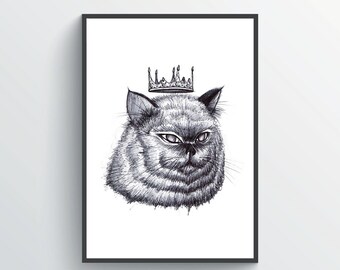 Chonky Queen Cat Print Artwork Decor - Pen Illustration Sketch