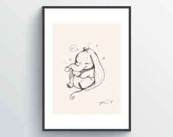 Bubbly Baby Dumbo - Elephant Nursery Inspired Sketch Art Wall Print