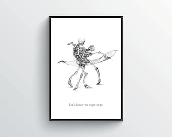 Dancing Skeletons - 'Til Death Do Us Part Series -  Minimal Romantic Skeleton Pen Illustration Sketch