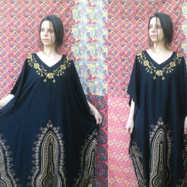 70s style Dress • Vintage Boho Black golden print dress Caftan Tunic • Embroidered Bohemian Dress • plus size