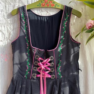 Black polka dot dirndl dress sleeveless mini floral dress Oktoberfest Bavarian dress medium