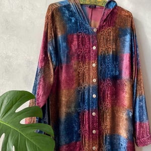 Vintage colorful tie dye velveteen jacket long sleeve festival jacket with hood medium large