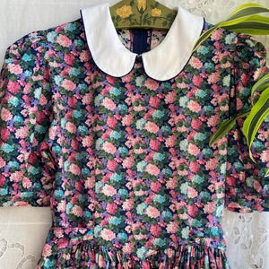 Vintage 80s blue floral dress short puffed sleeve Peter Pan collar maxi dress Laura Ashley style xsmall