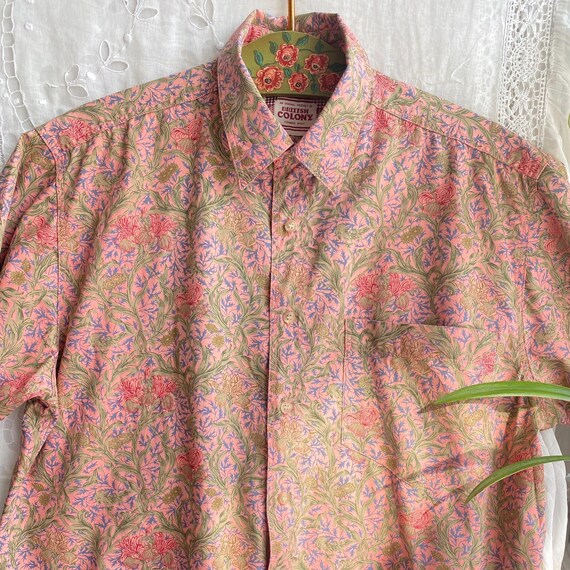 Vintage pink floral shirt Irises print short sleeve men shirt William Morris style large