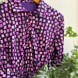 Vintage 70s purple geometric print dress long sleeve belted dress medium