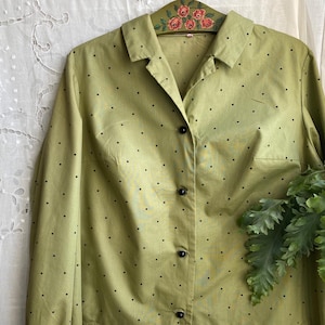 Vintage 60s 70s green polka dot blouse with long sleeve xlarge plus size