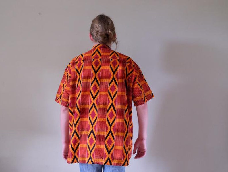 80s 90s Vintage African shirt Geometric wax print Men shirt short sleeve Dashiki Festival Folk Ethnic Boho xlarge plus size