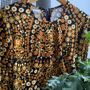Vintage 70s extra mini dress psychedelic floral dots print long blouse with long sleeve Mod Go Go Baby Doll small medium