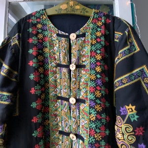 Vintage 90s black jacket with colorful geometric print cotton jacket medium large
