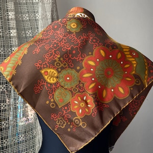 Vintage 70s 80s head scarf brown floral silk scarf floral paisley print scarf