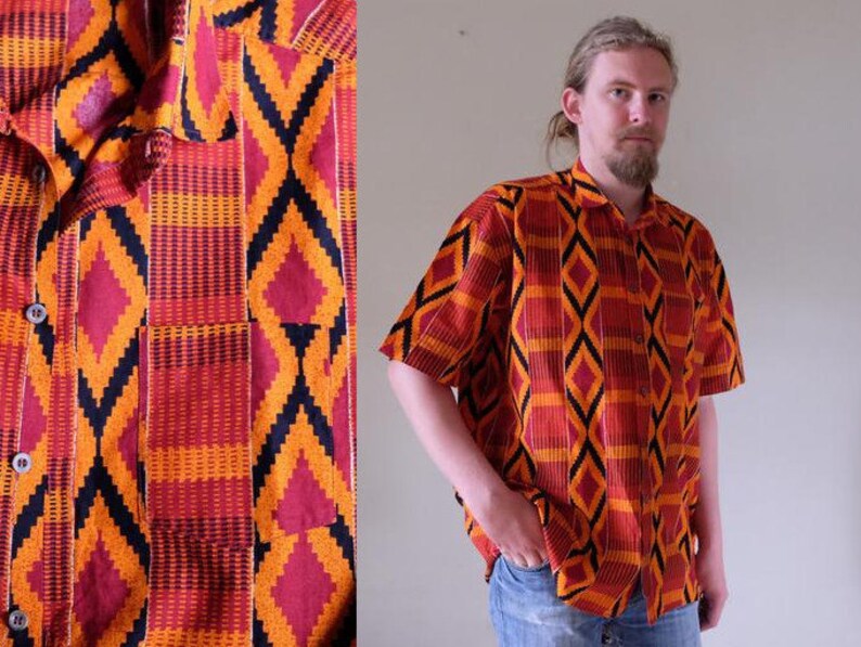 80s 90s Vintage African shirt Geometric wax print Men shirt short sleeve Dashiki Festival Folk Ethnic Boho xlarge plus size
