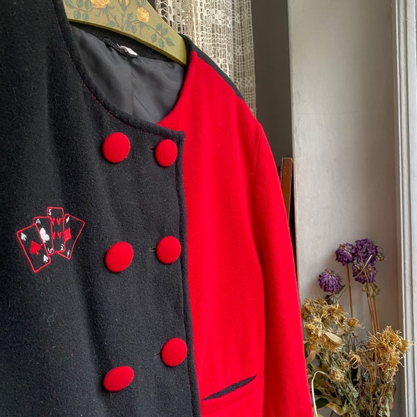 Vintage 80s 90s red and black jacket with playing cards embroidery wool box jacket medium large