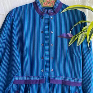 Sigikid 90s 2000s Vintage blue purple striped fall dress high collar long sleeve maxi dress medium
