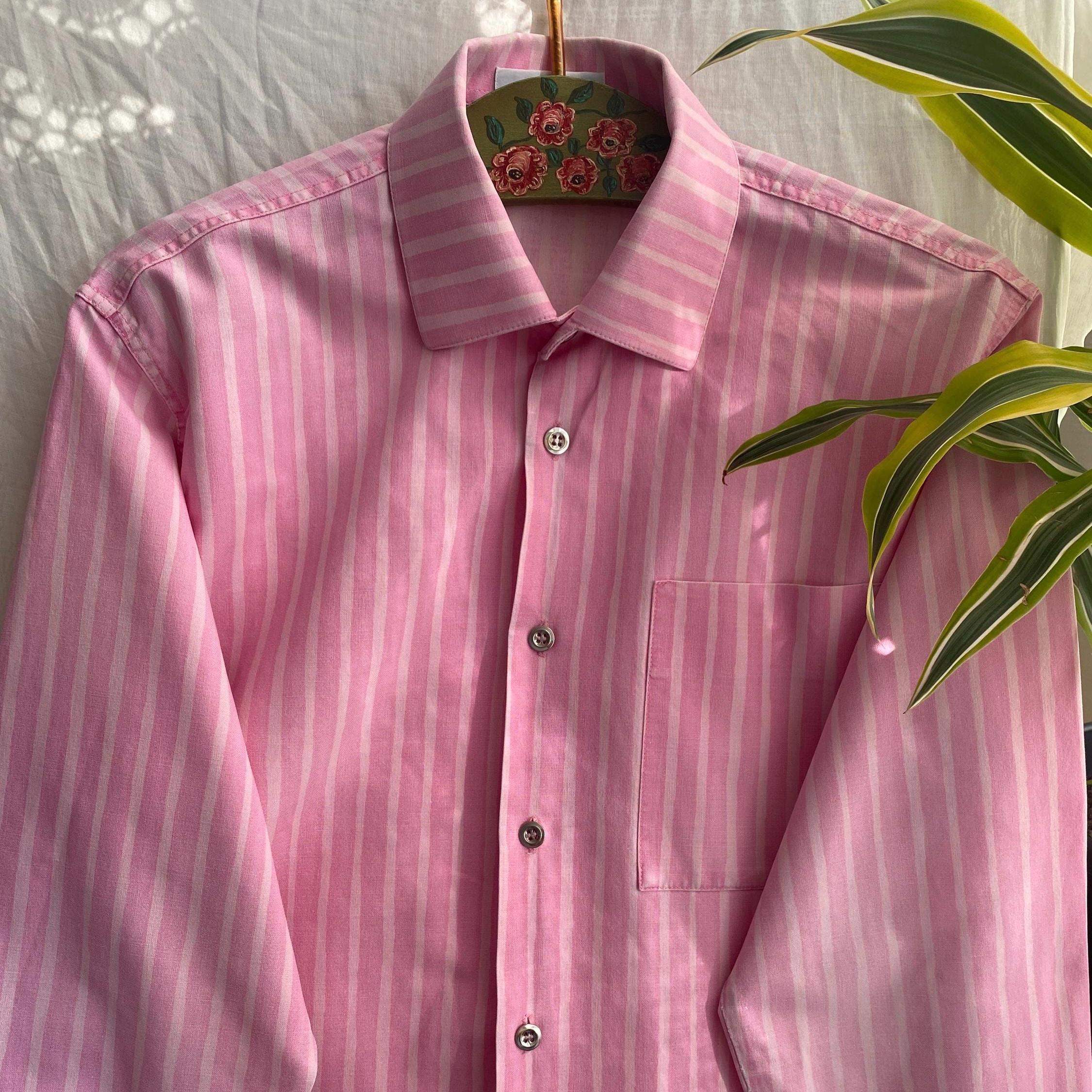 Marimekko Vintage Inspired Pink Striped Men Shirt Long Sleeve