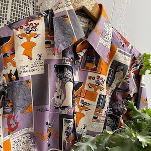 Camisa de manga larga para hombre con estampado de póster Art Nouveau de los años 70 de Pointer, rara, Mod Go Go, mediana