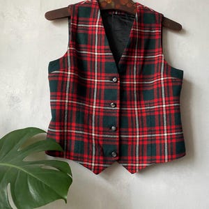 Chaleco de lana a cuadros escoceses rojos vintage Bourne & Hollingsworth, talla pequeña y mediana