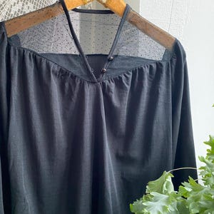 Vintage 70s 80s black blouse with sheer neck long sleeve blouse medium