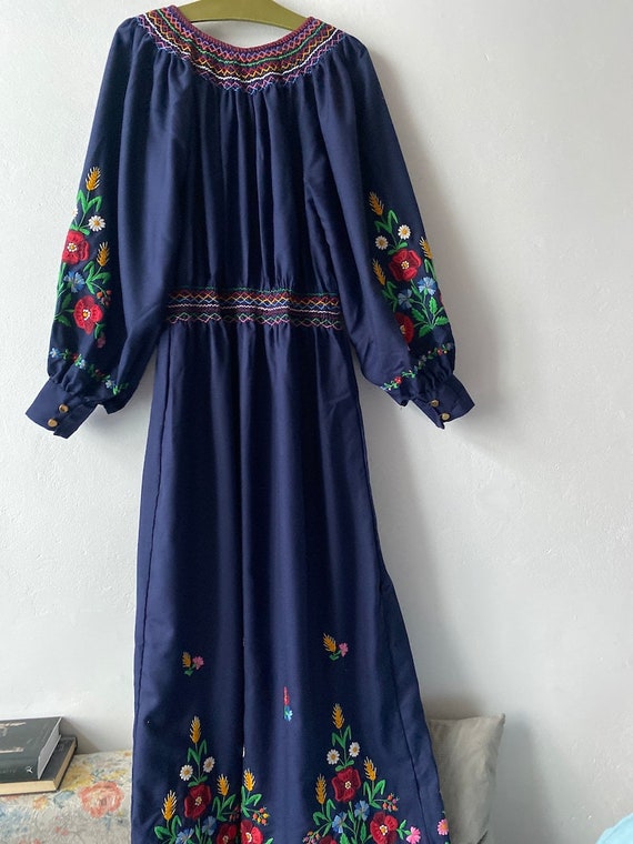 Rare 70s Vintage Hungarian dress navy blue fall m… - image 3