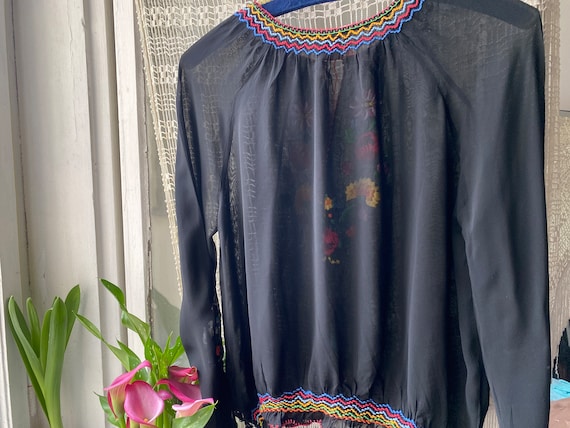 Vintage 70s black Hungarian embroidered blouse sh… - image 3