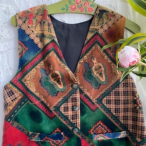 Kamizelka z aksamitu w stylu vintage z lat 80. i 90., patchworkowa, z nadrukiem krajobrazowym, rozmiar M