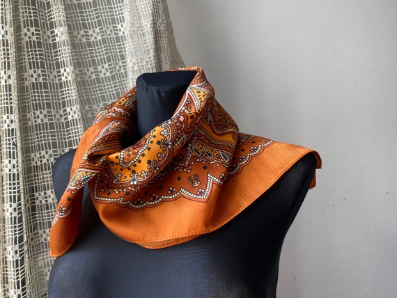 Vintage 70s 80s neck scarf golden brown paisley p… - image 4