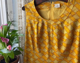 Abito giallo vintage anni '70 con abito estivo in jersey senza maniche con stampa geometrica, taglia large xlarge