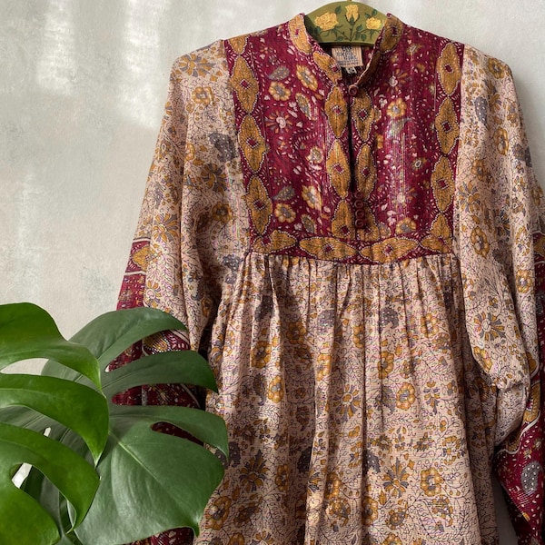 Vintage 70s floral lurex gauze dress bishop sleeve Hippie Boho dress small