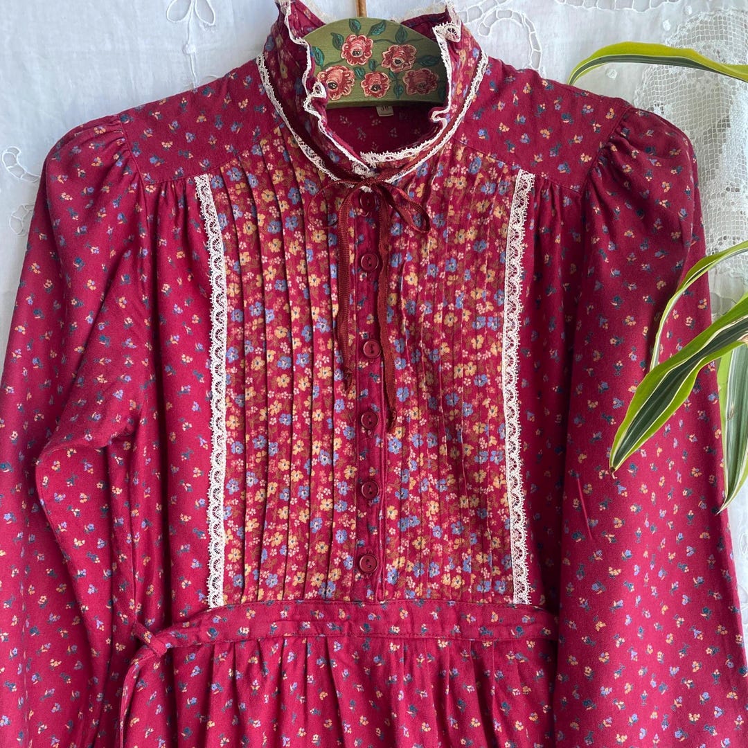 Vintage 70s Calico Prairie Dress Burgundy Red Lace Maxi Dress Gunne Sax ...