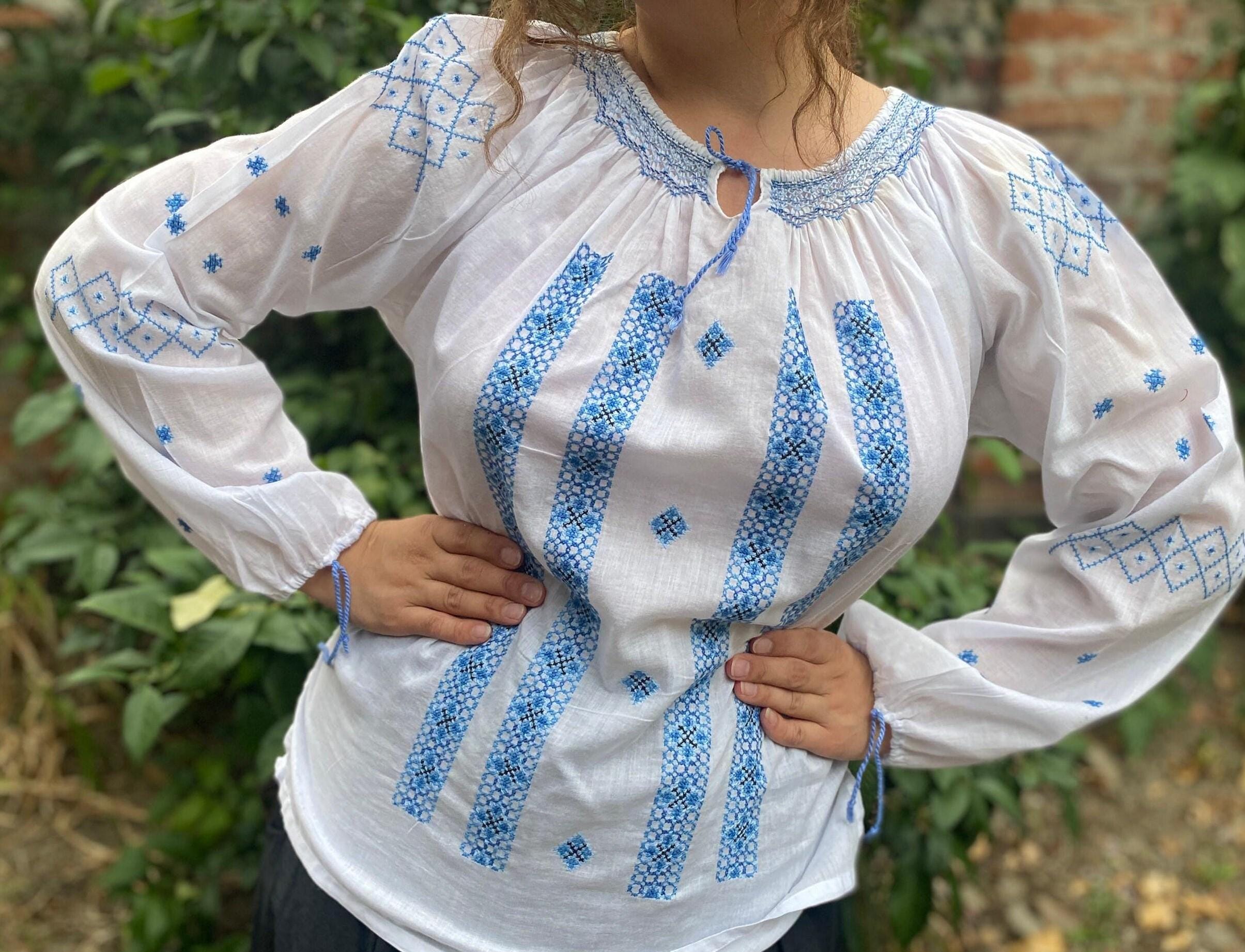 Vintage 70s 80s White Romanian Embroidered Blouse Folk Smock