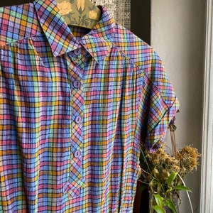 Elkont 70s does 50s Vintage blue multicolor checkered print dress short sleeve summer dress medium