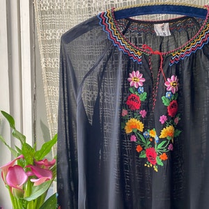 Vintage 70s Hungarian embroidered blouse black sheer smocked blouse small medium