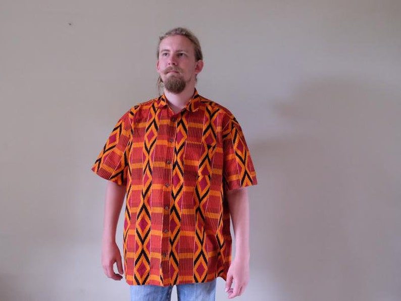 80s 90s Vintage African shirt Geometric wax print Men shirt short sleeve Dashiki Festival Folk Ethnic Boho xlarge plus size