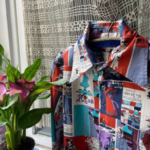 Camisa de hombre Pointer vintage de los años 70 con estampado de póster Art Nouveau, manga larga, talla Mod Go Go, talla pequeña y mediana.