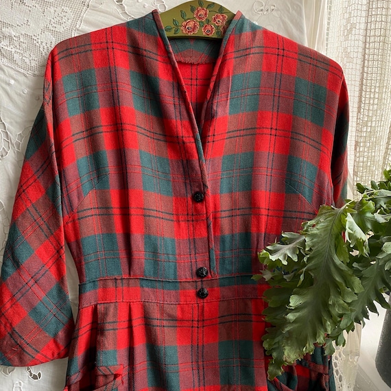Vintage 50s Red Tartan Plaid Wool Dress Dolman Sleeve Midi Dress