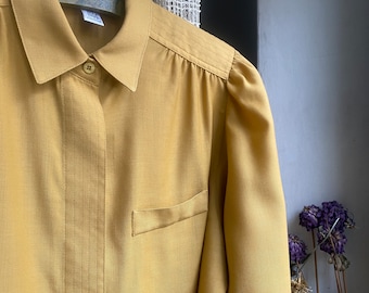 Del Mod 80s Blusa amarilla mostaza vintage con blusa de otoño de manga larga abullonada mediana grande