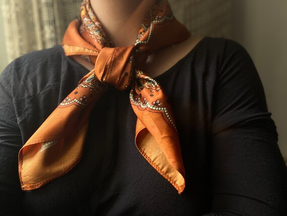 Vintage 70s 80s neck scarf golden brown paisley p… - image 5