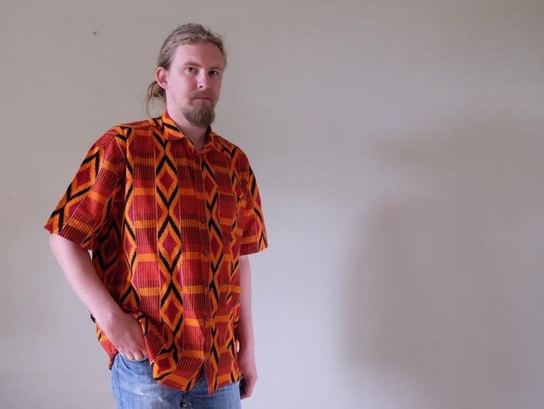 80s 90s Vintage African shirt Geometric wax print Men shirt short sleeve Dashiki Festival Folk Ethnic Boho xlarge plus size