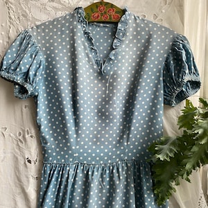 Vintage 30s grey blue powder blue polka dot dress short puffed sleeve dress small medium