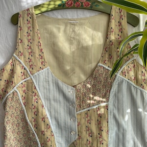 Vintage beige and blue floral patchwork vest countryside prairie vest large xlarge