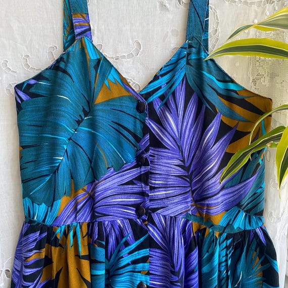 Vintage 90s Blue Tropical Sundress Sweetheart Summer Dress With