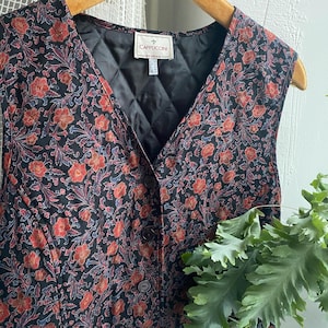 Vintage 90s black floral vest quilted vest folk vest medium large