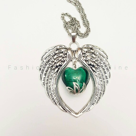 Angel Wings Necklace Green Heart Pendant I Love You - Green Heart Pendant Angel Wings Necklace Green Heart Pendant I Love You - Green Heart Pendant