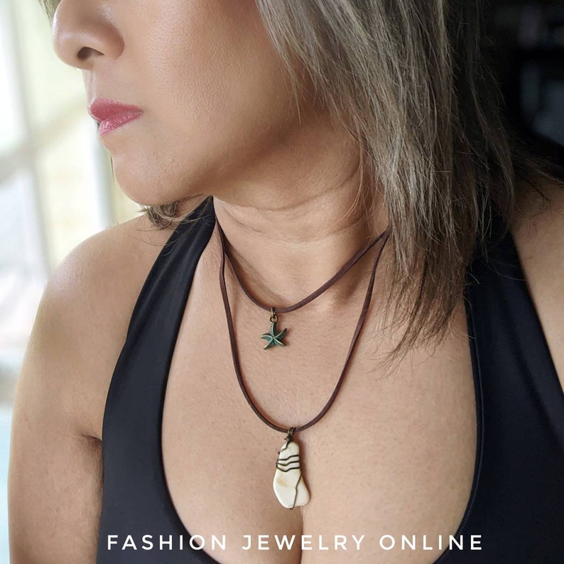 Double strands stacking beachy wire wrapped white seaglass starfish bohemian faux suede necklace gifts for her under 20