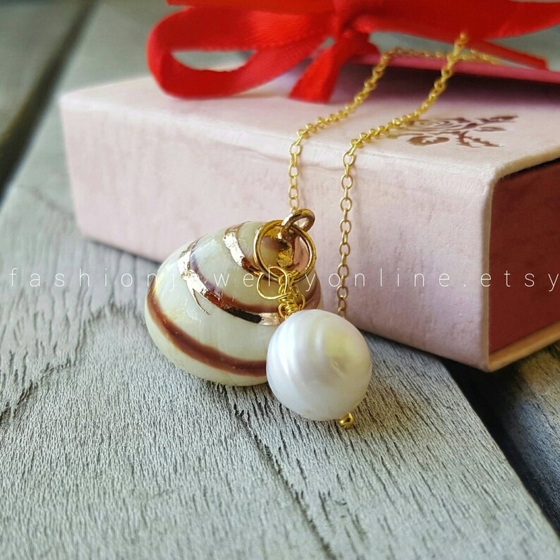 Gold Shell necklace Gifts for wife under 50 Beach wedding Pearl necklace Dainty Necklace Beach Jewellery