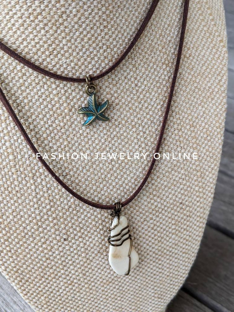 Double strands stacking beachy wire wrapped white seaglass starfish bohemian faux suede necklace gifts for her under 20