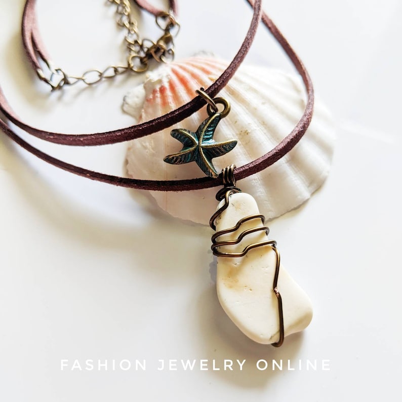 Double strands stacking beachy wire wrapped white seaglass starfish bohemian faux suede necklace gifts for her under 20